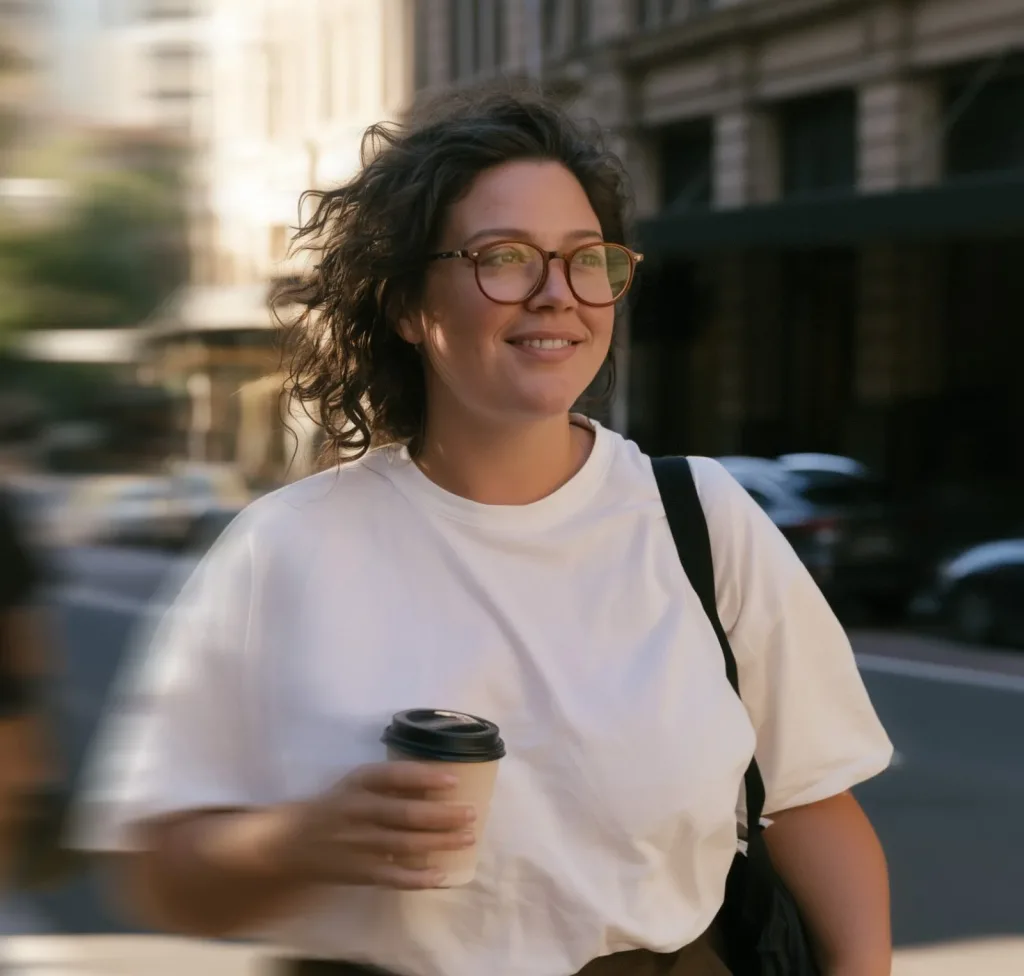 Woman in glasses walking down a city street with a coffee