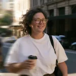 Woman in glasses walking down a city street with a coffee